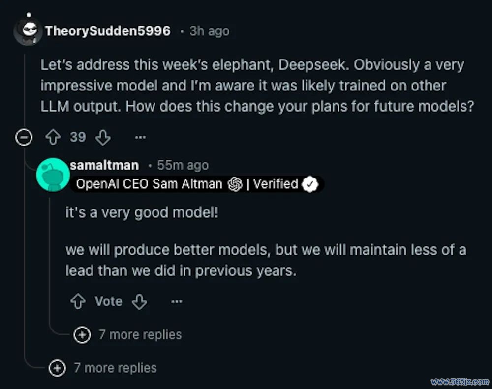 奥特曼回复网民发问时，奖饰DeepSeek Reddit截图
